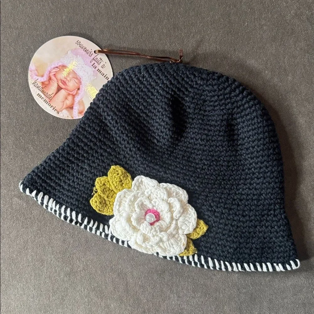 Daisy Baby Black Crocheted Sun Hat Layered Flower 100% Cotton 2-8 years NEW